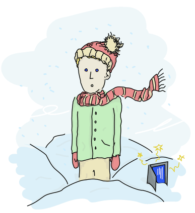 小 printf：红黄色毛线帽、围巾、绿外套，站在雪地里，脚边是破笔记本